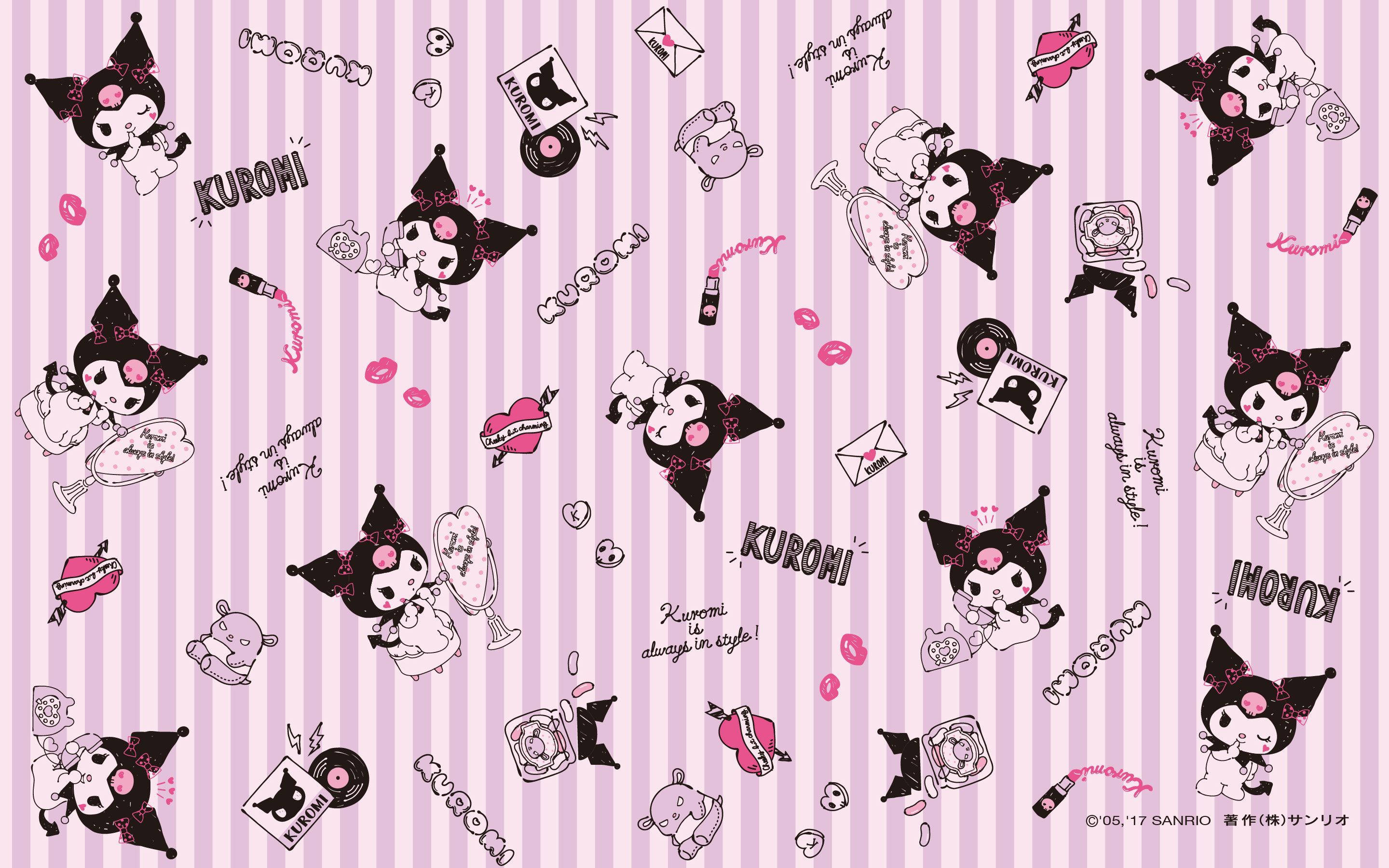 A kuromi wallpaper featuring pink and white pinstripes with various repeating artworks of kuromi